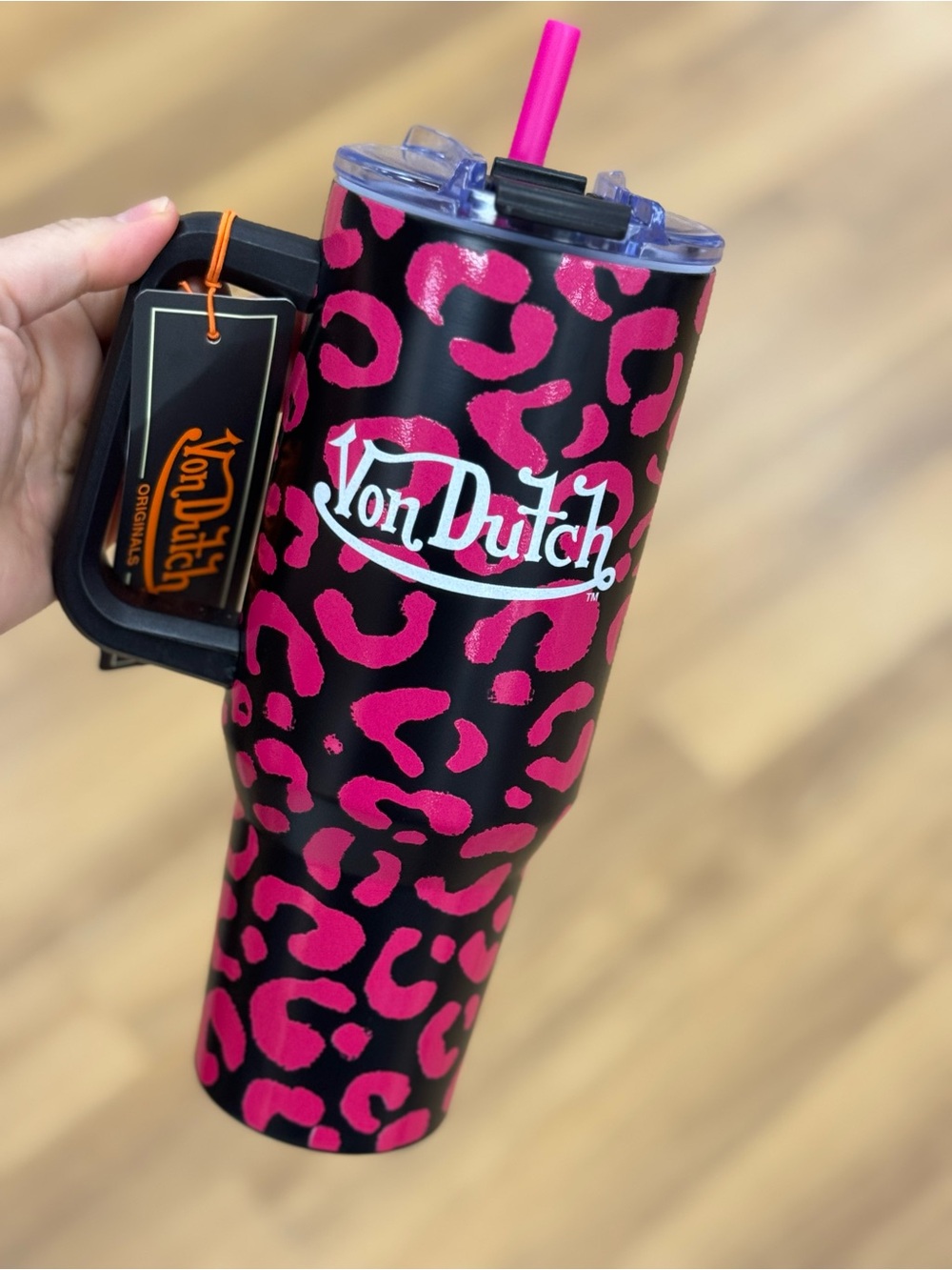 Von Dutch Black and Hot Pink Leopard Tumbler with Handle
